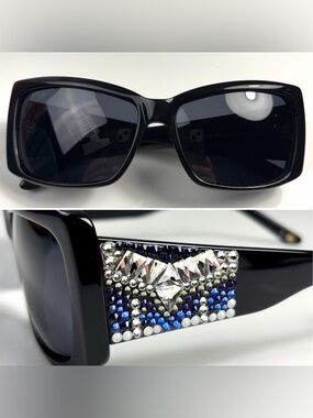 Jimmy Crystal Black Rectangle Frame Sunglasses w/ Swarovski Crystal Accents